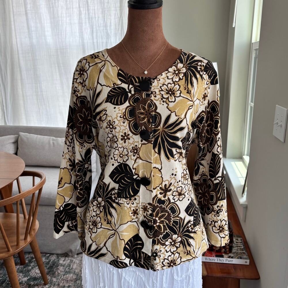 2000s Vintage Cable & Gauge Silk Blend Floral Cardigan Sweater Boho Preppy Large